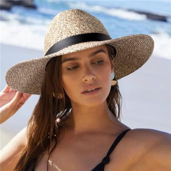 Women\'s Wide Brim Panama Straw Sun Hat Foldable Summer Flat Hats Belt Fedora main image 4